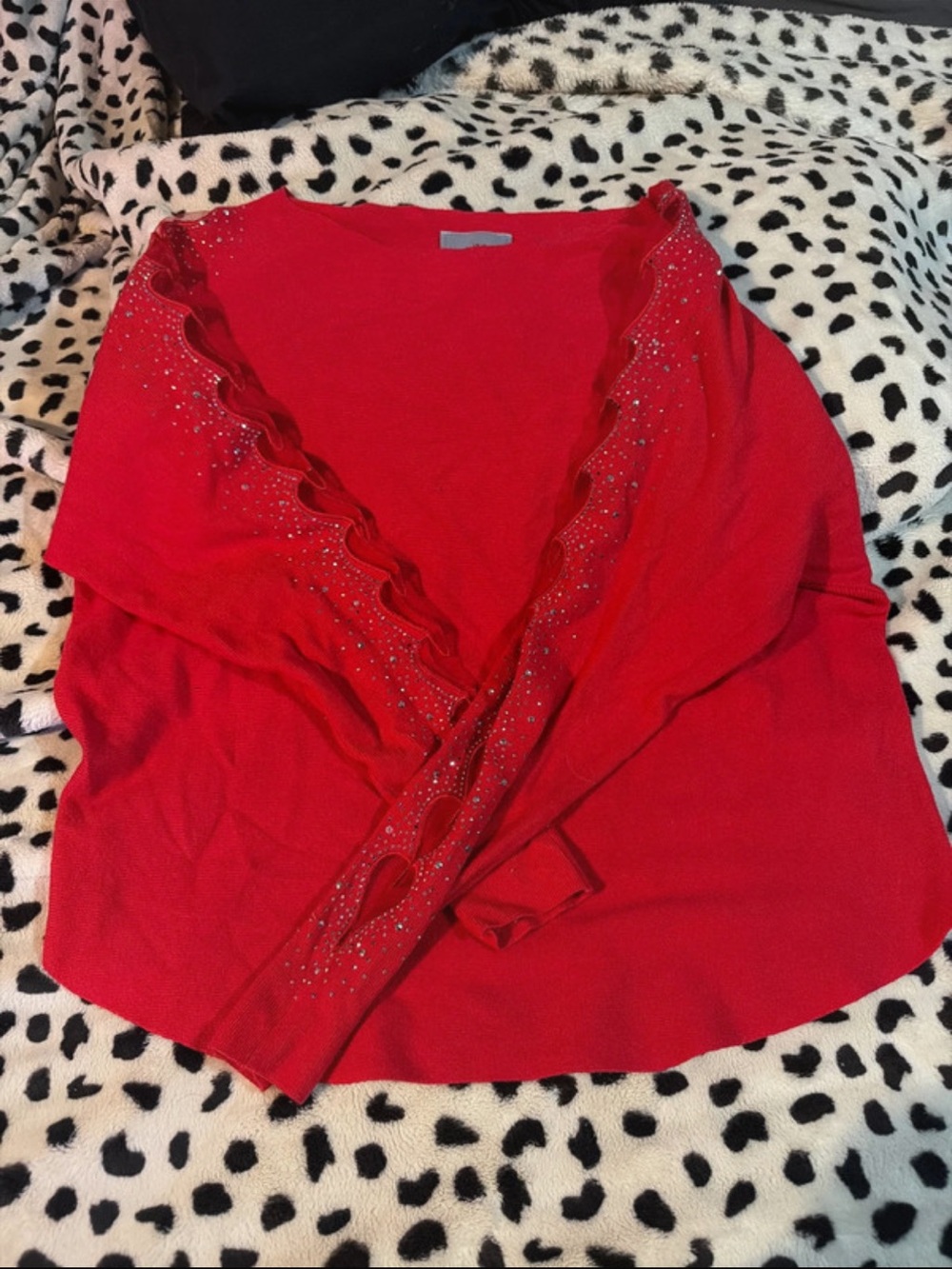 Women's Red V-Neck Rhinestone Trim Cardigan